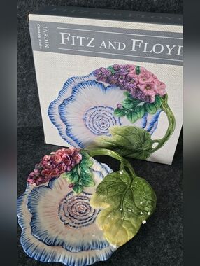 Fitz and Floyd Blue, Green & Pink Floral Canape Plate Boxed Artwork